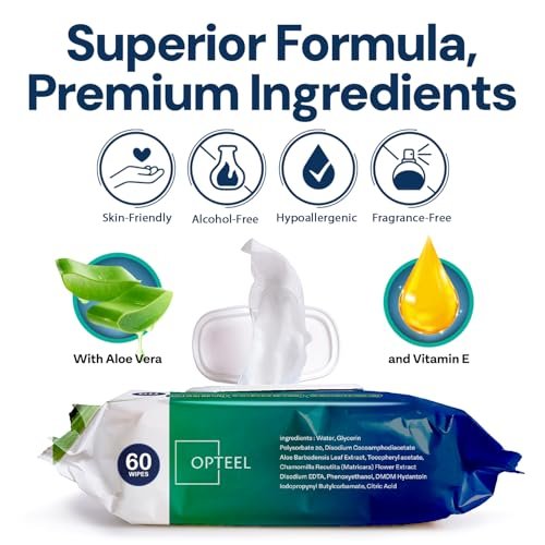 OPTEEL Erwachsenen-Feuchttücher für Senioren – 8x13 Zoll extra große & weiche Feuchttücher für die Körperpflege – Inkontinenz-Waschlappen mit Vitamin E & Aloe für Männer & Frauen, 240 Stück (4 x 60)
