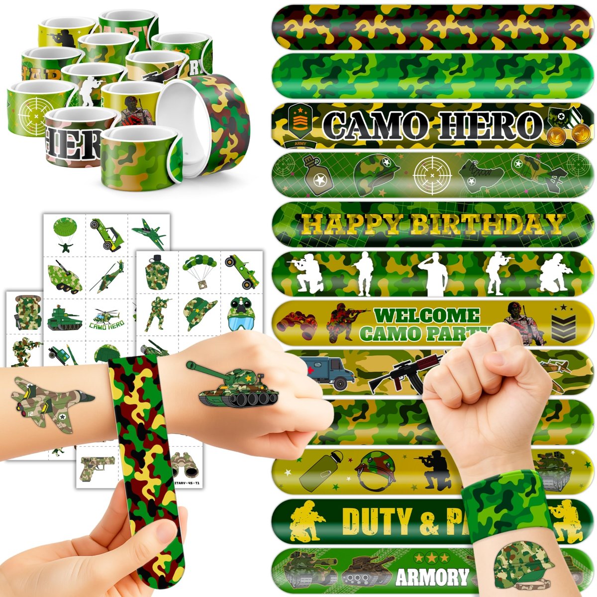 Cherisnowy 72-teiliges Militär-Party-Set: 24 vorgeschnittene Tattoo-Aufkleber & 24 Slap-Armbänder – Perfekt für Mottopartys, Geburtstage oder als Belohnung im Klassenzimmer – Ideal für Jungen und Mädchen