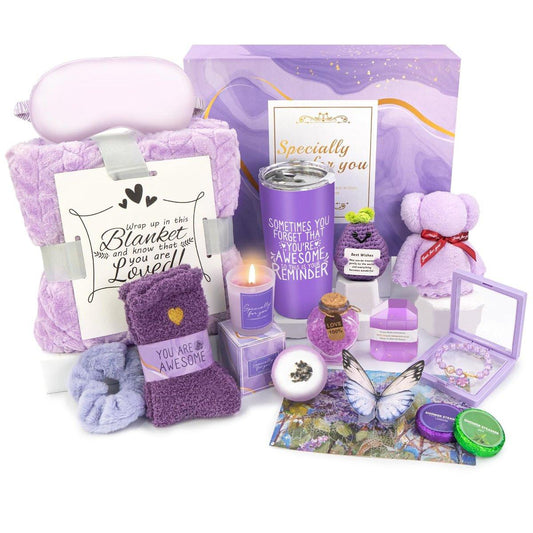 Lavendel Geschenkset für Frauen – 16-teiliges Wellness-Paket mit Decke, Selbstpflege-Geschenkkorb für Geburtstag, Valentinstag, Dankeschön, Genesung