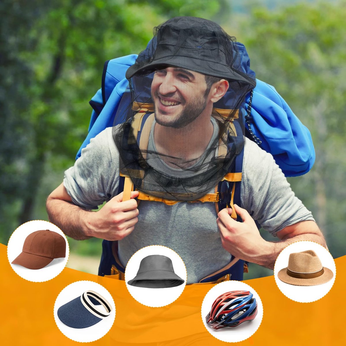 Mückenschutz-Kopfnetz für Insekten, 2er-Pack, Premium Insektenschutz für den Kopf, Fliegen- & Mückenschutz | Extra groß & lang, feinste Maschen für Camping, Wandern, Angeln, Gartenarbeit, passt auf alle Hüte für Damen & Herren
