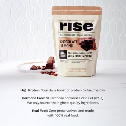 Rise Grass-Fed Whey Protein Pulver - Schokolade Mandel | 25g Protein ohne künstliche Aromen, Farbstoffe oder Konservierungsstoffe - Zuckerfrei, glutenfrei, sojafrei (Einzelportion, 1 Packung)