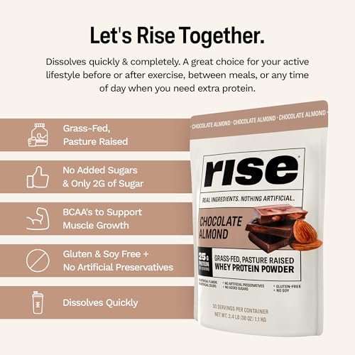 Rise Grass-Fed Whey Protein Pulver - Schokolade Mandel | 25g Protein ohne künstliche Aromen, Farbstoffe oder Konservierungsstoffe - Zuckerfrei, glutenfrei, sojafrei (Einzelportion, 1 Packung)