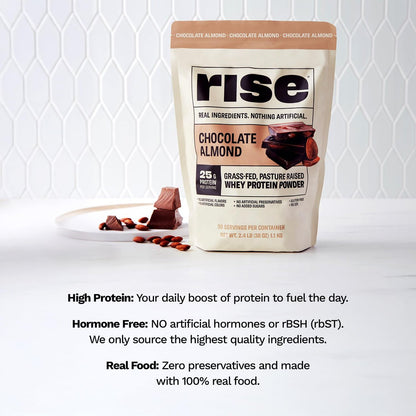 Rise Grass-Fed Whey Protein Pulver - Schokolade Mandel | 25g Protein ohne künstliche Aromen, Farbstoffe oder Konservierungsstoffe - Zuckerfrei, glutenfrei, sojafrei (Einzelportion, 1 Packung)