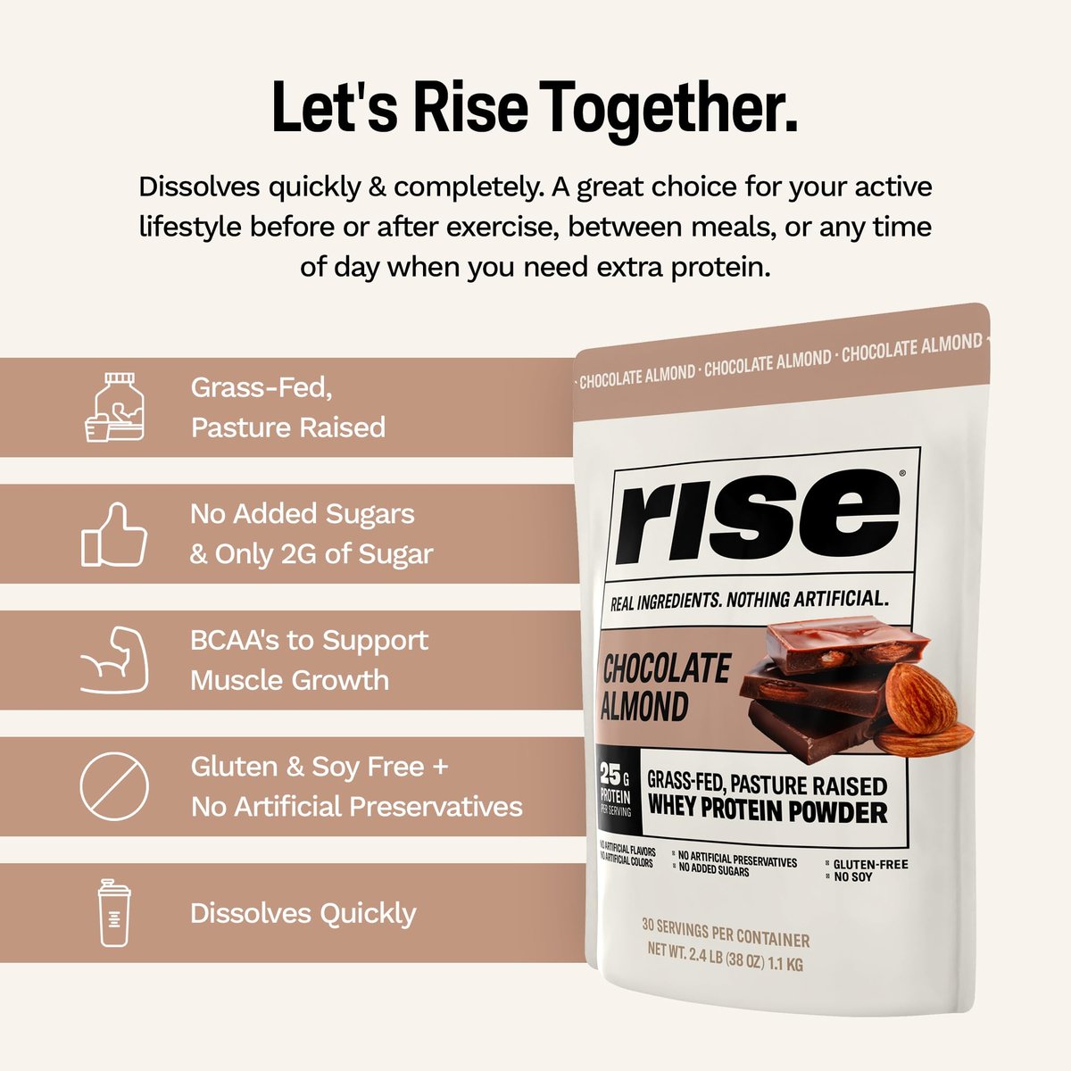 Rise Grass-Fed Whey Protein Pulver - Schokolade Mandel | 25g Protein ohne künstliche Aromen, Farbstoffe oder Konservierungsstoffe - Zuckerfrei, glutenfrei, sojafrei (Einzelportion, 1 Packung)