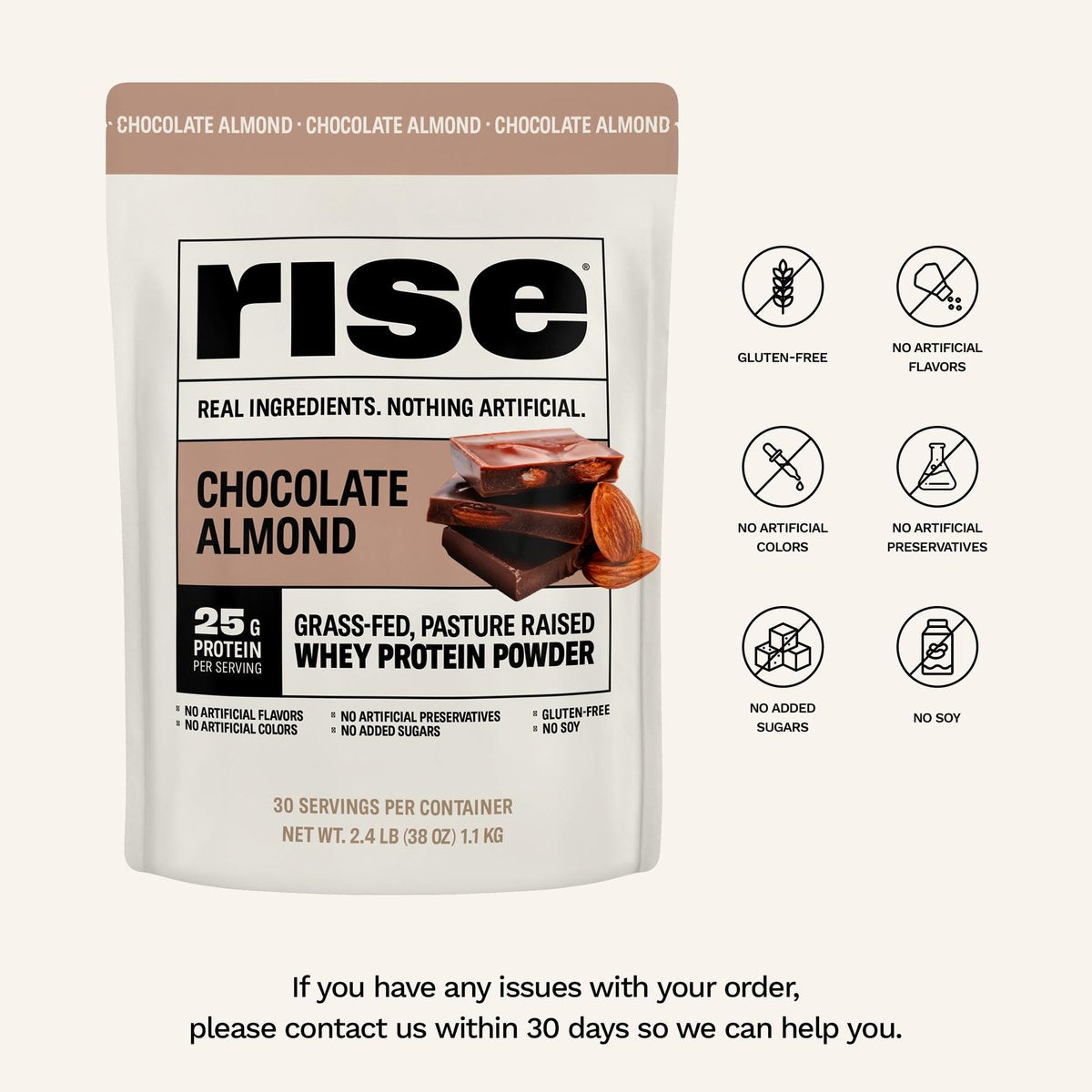 Rise Grass-Fed Whey Protein Pulver - Schokolade Mandel | 25g Protein ohne künstliche Aromen, Farbstoffe oder Konservierungsstoffe - Zuckerfrei, glutenfrei, sojafrei (Einzelportion, 1 Packung)
