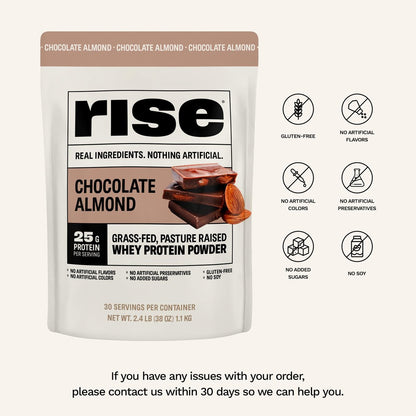 Rise Grass-Fed Whey Protein Pulver - Schokolade Mandel | 25g Protein ohne künstliche Aromen, Farbstoffe oder Konservierungsstoffe - Zuckerfrei, glutenfrei, sojafrei (Einzelportion, 1 Packung)