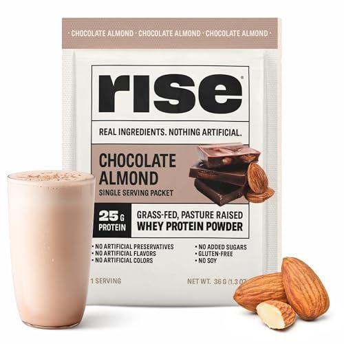 Rise Grass-Fed Whey Protein Pulver - Schokolade Mandel | 25g Protein ohne künstliche Aromen, Farbstoffe oder Konservierungsstoffe - Zuckerfrei, glutenfrei, sojafrei (Einzelportion, 1 Packung)