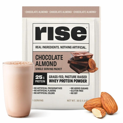 Rise Grass-Fed Whey Protein Pulver - Schokolade Mandel | 25g Protein ohne künstliche Aromen, Farbstoffe oder Konservierungsstoffe - Zuckerfrei, glutenfrei, sojafrei (Einzelportion, 1 Packung)