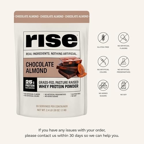 Rise Grass-Fed Whey Protein Pulver - Schokolade Mandel | 25g Protein ohne künstliche Aromen, Farbstoffe oder Konservierungsstoffe - Zuckerfrei, glutenfrei, sojafrei (Einzelportion, 1 Packung)