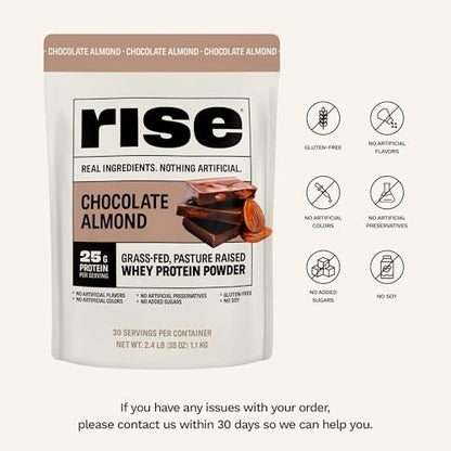 Rise Grass-Fed Whey Protein Pulver - Schokolade Mandel | 25g Protein ohne künstliche Aromen, Farbstoffe oder Konservierungsstoffe - Zuckerfrei, glutenfrei, sojafrei (Einzelportion, 1 Packung)