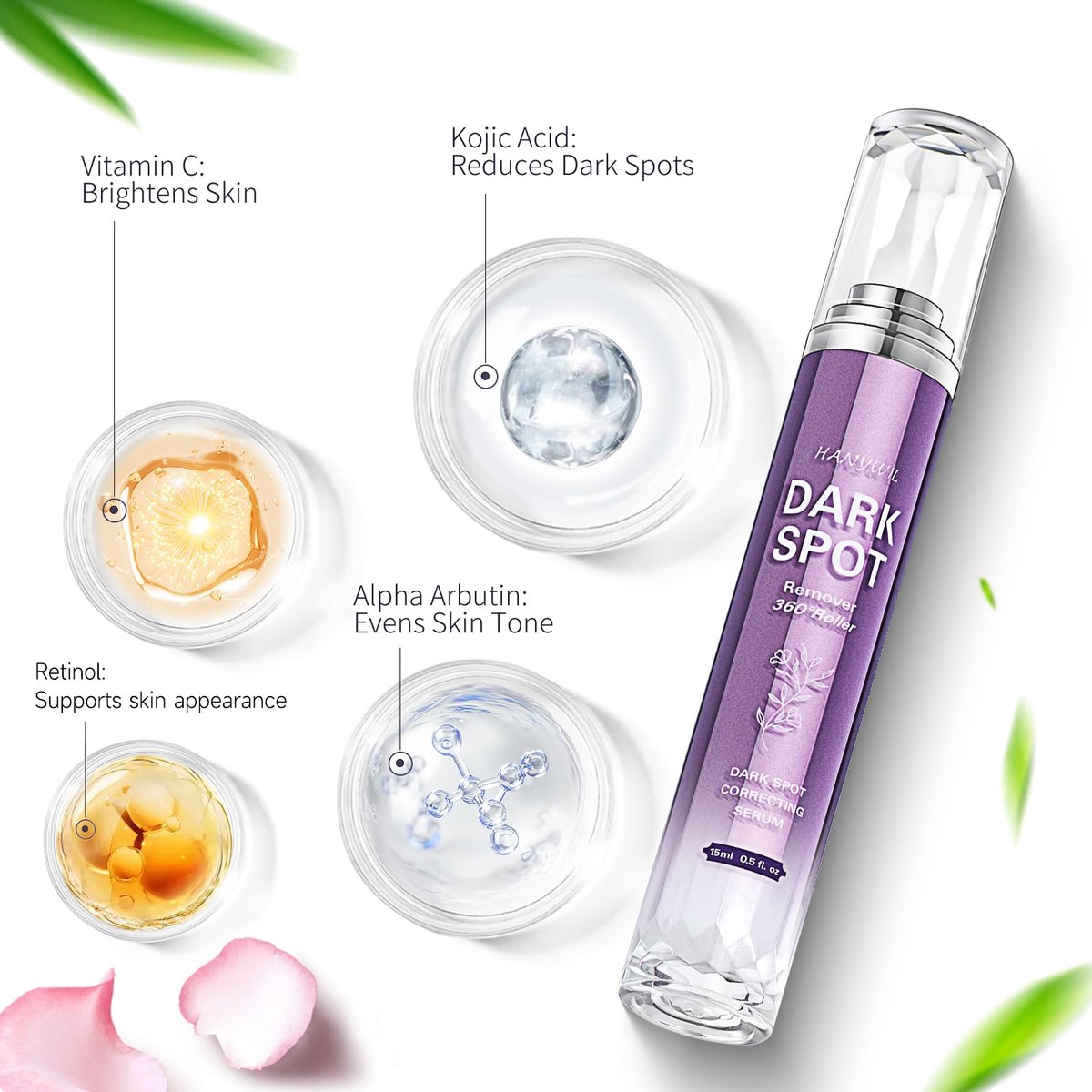 HANYWIL Dunkle-Flecken-Entferner für Gesicht und Körper, Dunkle-Flecken-Korrektur-Serum, Altersflecken-, Sonnenflecken-, Sommersprossen- und Braunflecken-Entferner, Melasma-Behandlung für das Gesicht, Hautpflegeserum mit Roller