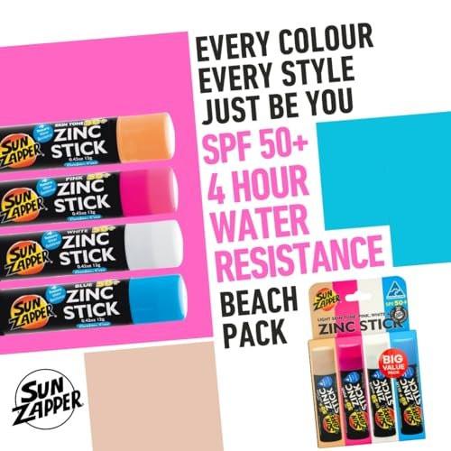 Sun Zapper Zink-Sonnencreme-Stick Beach 4er-Pack SPF 50+ – Mineralische Sonnenstifte für Gesicht, wasserbeständiger Zink-Sonnenschutz für Kinder und Familie, Reisegröße 12g (0,42 oz), hergestellt in Australien