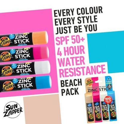 Sun Zapper Zink-Sonnencreme-Stick Beach 4er-Pack SPF 50+ – Mineralische Sonnenstifte für Gesicht, wasserbeständiger Zink-Sonnenschutz für Kinder und Familie, Reisegröße 12g (0,42 oz), hergestellt in Australien