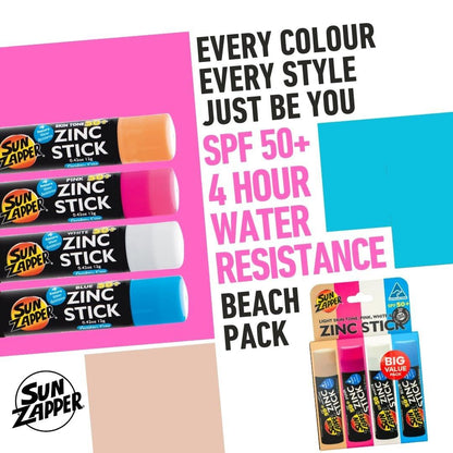 Sun Zapper Zink-Sonnencreme-Stick Beach 4er-Pack SPF 50+ – Mineralische Sonnenstifte für Gesicht, wasserbeständiger Zink-Sonnenschutz für Kinder und Familie, Reisegröße 12g (0,42 oz), hergestellt in Australien