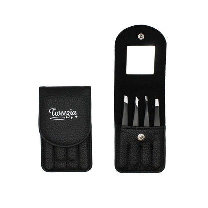 TWEEZIA Edelstahl Pinzetten Set - 4 Präzisionspinzetten mit Spiegel & Lederetui - Ideales Augenbrauen-Set, Pinzette für eingewachsene Haare, Splitterentfernung oder spitze Pinzette für Schönheit & Pflege