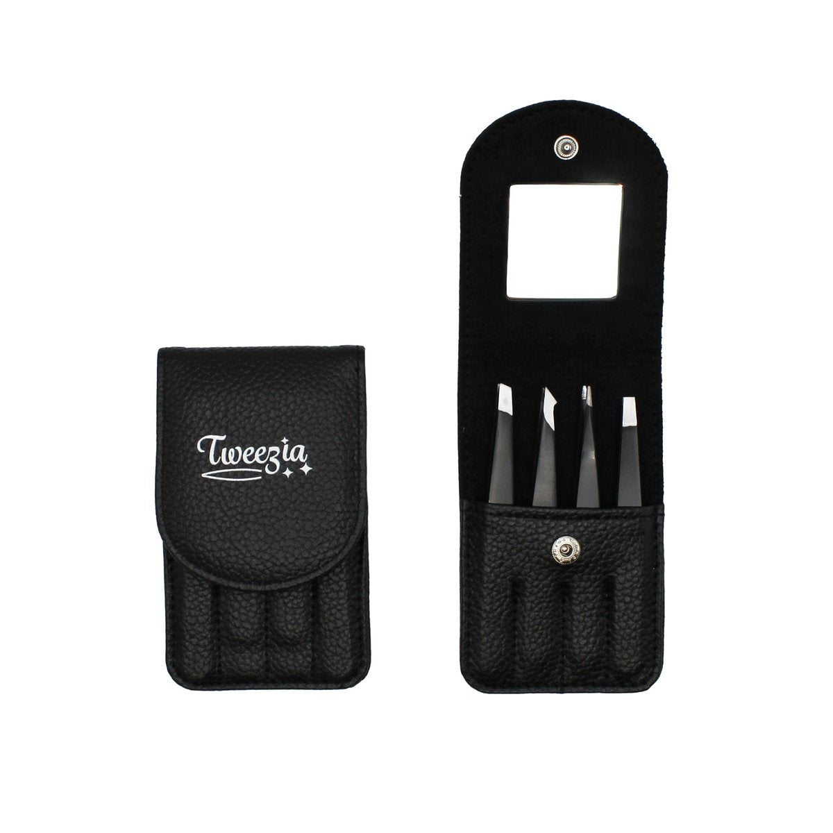TWEEZIA Edelstahl Pinzetten Set - 4 Präzisionspinzetten mit Spiegel & Lederetui - Ideales Augenbrauen-Set, Pinzette für eingewachsene Haare, Splitterentfernung oder spitze Pinzette für Schönheit & Pflege