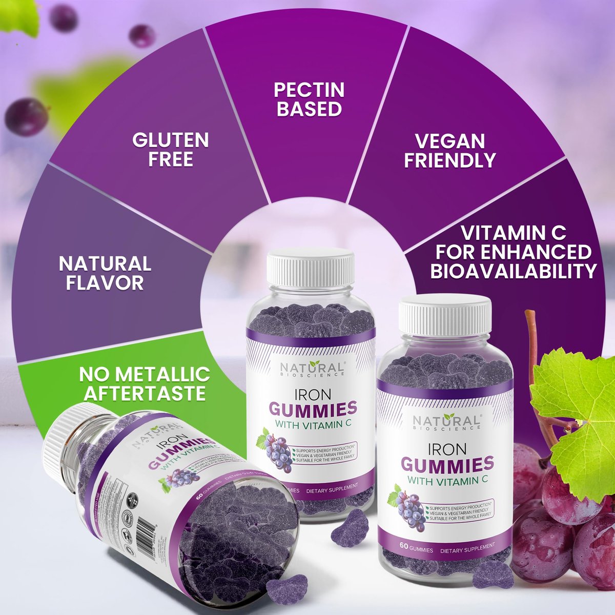 Eisen Gummibärchen mit Vitamin C für Erwachsene & Kinder – Kaubare Eisenpräparate gegen Eisenmangelanämie, Unterstützung roter Blutkörperchen, Energie, Immunfunktion, Gehirngesundheit, maximale Absorption, Traubengeschmack, vegan