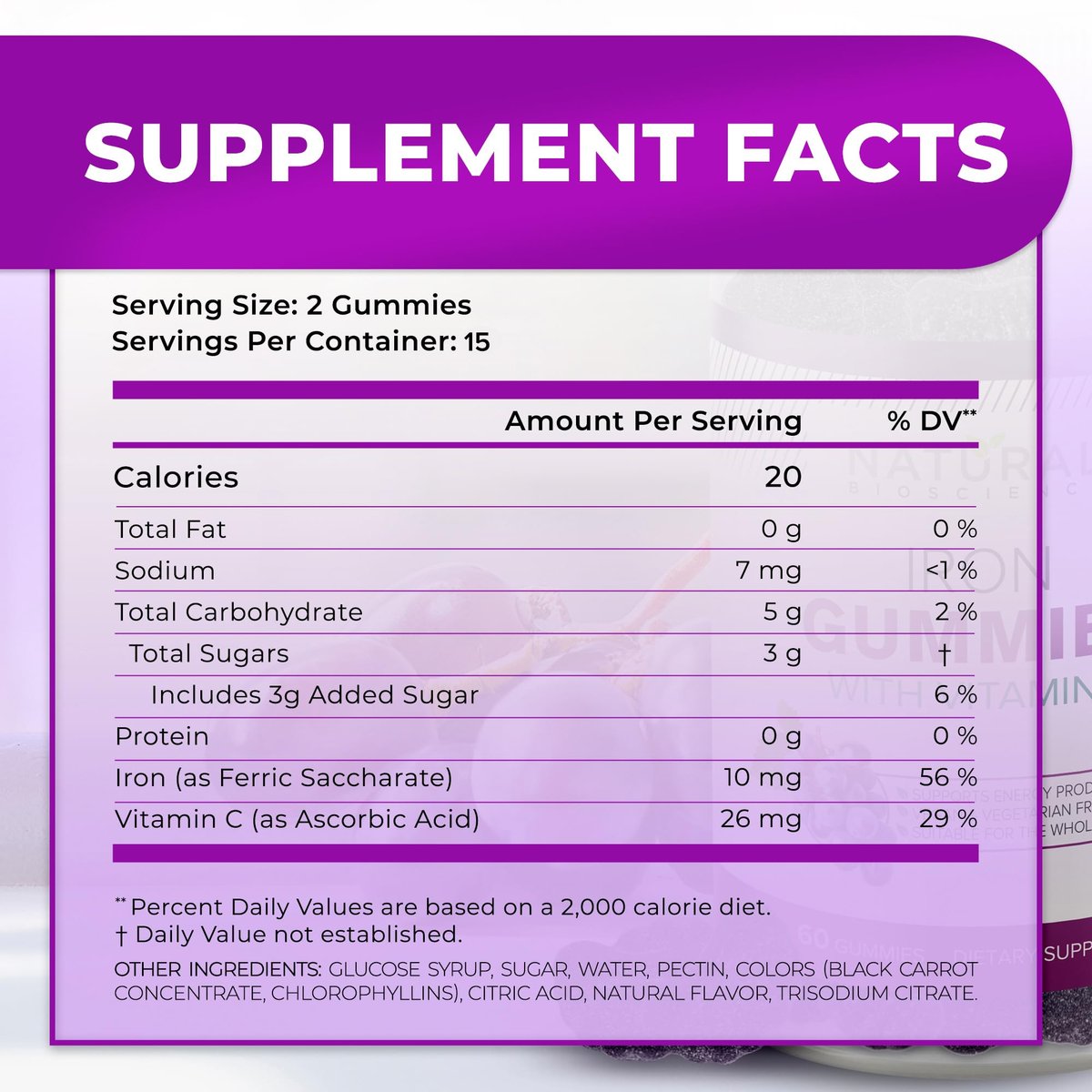 Eisen Gummibärchen mit Vitamin C für Erwachsene & Kinder – Kaubare Eisenpräparate gegen Eisenmangelanämie, Unterstützung roter Blutkörperchen, Energie, Immunfunktion, Gehirngesundheit, maximale Absorption, Traubengeschmack, vegan