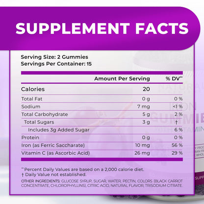 Eisen Gummibärchen mit Vitamin C für Erwachsene & Kinder – Kaubare Eisenpräparate gegen Eisenmangelanämie, Unterstützung roter Blutkörperchen, Energie, Immunfunktion, Gehirngesundheit, maximale Absorption, Traubengeschmack, vegan