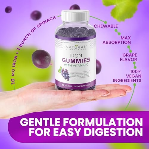Eisen Gummibärchen mit Vitamin C für Erwachsene & Kinder – Kaubare Eisenpräparate gegen Eisenmangelanämie, Unterstützung roter Blutkörperchen, Energie, Immunfunktion, Gehirngesundheit, maximale Absorption, Traubengeschmack, vegan