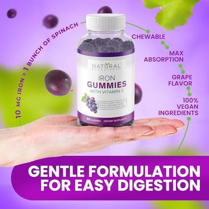 Eisen Gummibärchen mit Vitamin C für Erwachsene & Kinder – Kaubare Eisenpräparate gegen Eisenmangelanämie, Unterstützung roter Blutkörperchen, Energie, Immunfunktion, Gehirngesundheit, maximale Absorption, Traubengeschmack, vegan