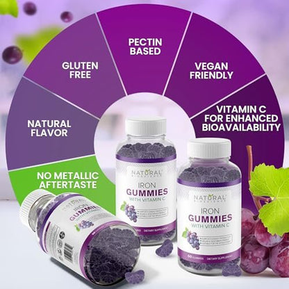 Eisen Gummibärchen mit Vitamin C für Erwachsene & Kinder – Kaubare Eisenpräparate gegen Eisenmangelanämie, Unterstützung roter Blutkörperchen, Energie, Immunfunktion, Gehirngesundheit, maximale Absorption, Traubengeschmack, vegan
