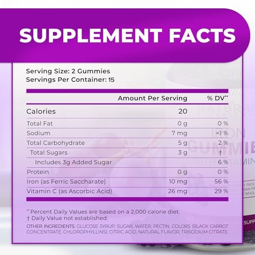 Eisen Gummibärchen mit Vitamin C für Erwachsene & Kinder – Kaubare Eisenpräparate gegen Eisenmangelanämie, Unterstützung roter Blutkörperchen, Energie, Immunfunktion, Gehirngesundheit, maximale Absorption, Traubengeschmack, vegan
