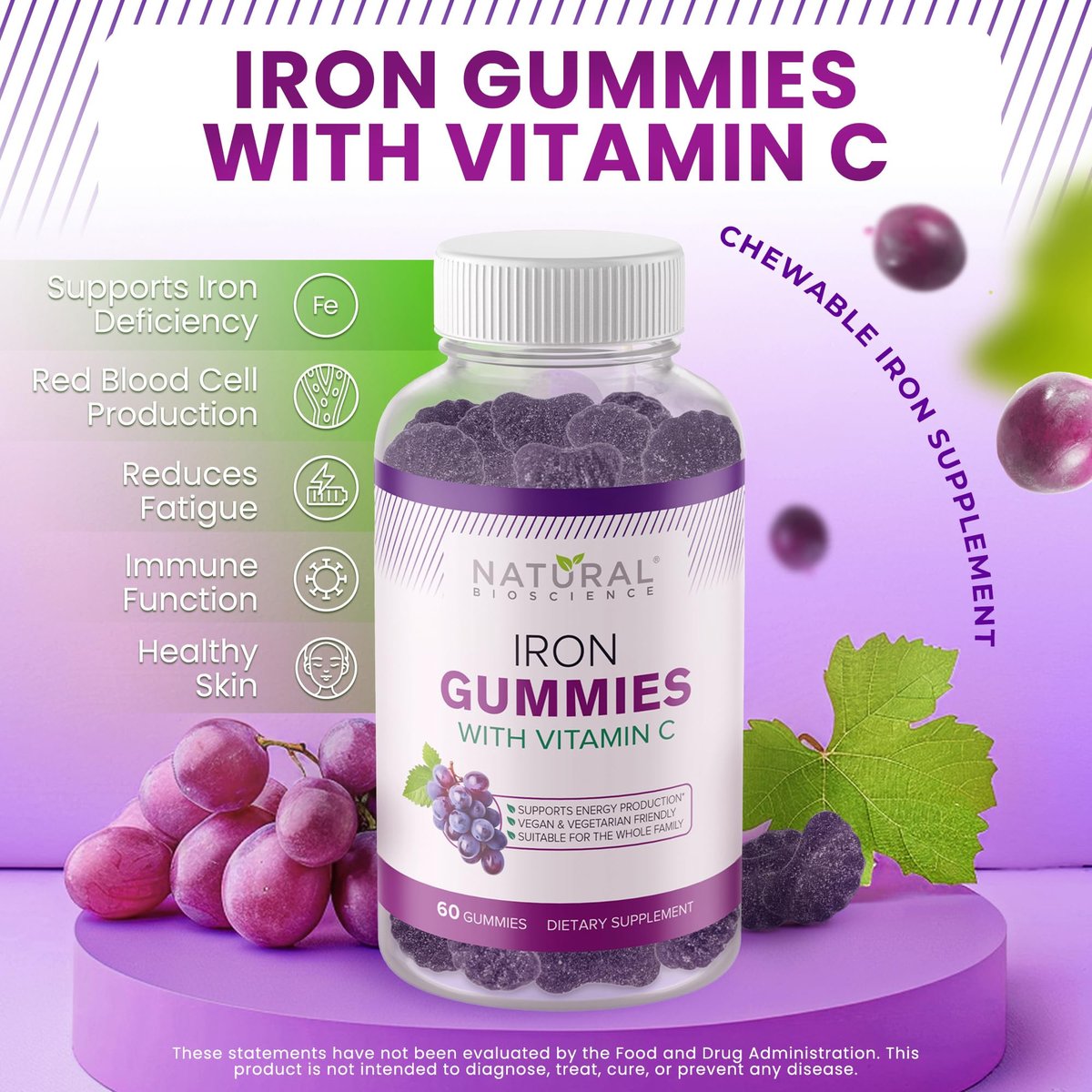 Eisen Gummibärchen mit Vitamin C für Erwachsene & Kinder – Kaubare Eisenpräparate gegen Eisenmangelanämie, Unterstützung roter Blutkörperchen, Energie, Immunfunktion, Gehirngesundheit, maximale Absorption, Traubengeschmack, vegan