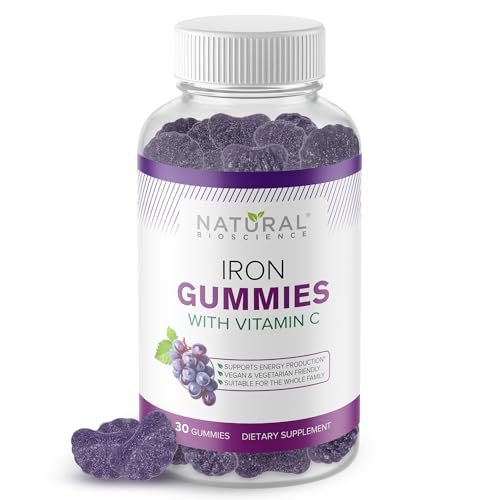 Eisen Gummibärchen mit Vitamin C für Erwachsene & Kinder – Kaubare Eisenpräparate gegen Eisenmangelanämie, Unterstützung roter Blutkörperchen, Energie, Immunfunktion, Gehirngesundheit, maximale Absorption, Traubengeschmack, vegan