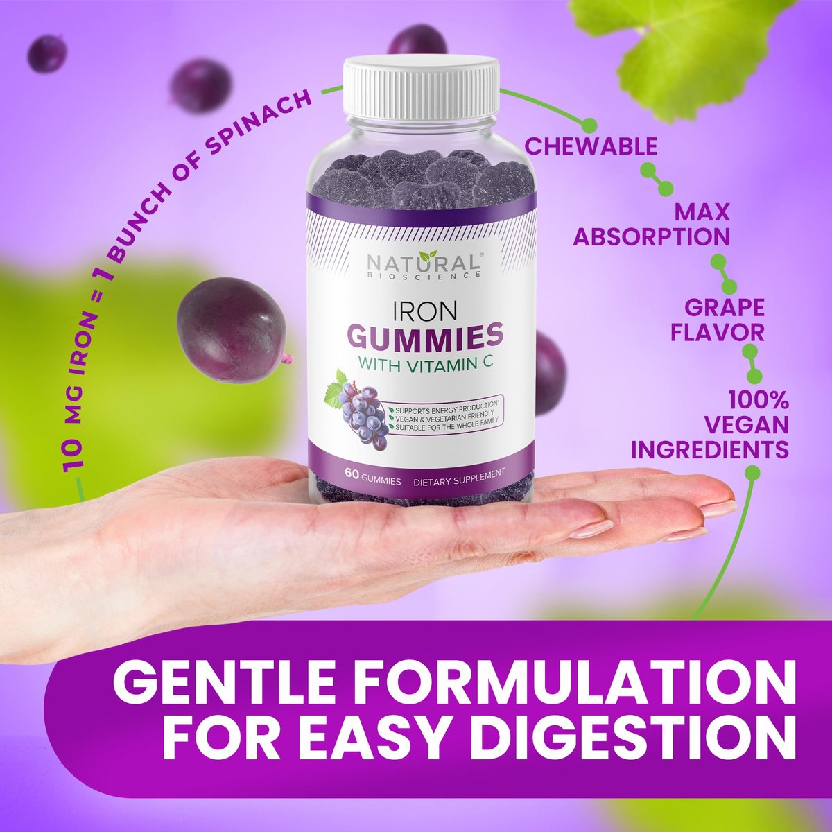 Eisen Gummibärchen mit Vitamin C für Erwachsene & Kinder – Kaubare Eisenpräparate gegen Eisenmangelanämie, Unterstützung roter Blutkörperchen, Energie, Immunfunktion, Gehirngesundheit, maximale Absorption, Traubengeschmack, vegan