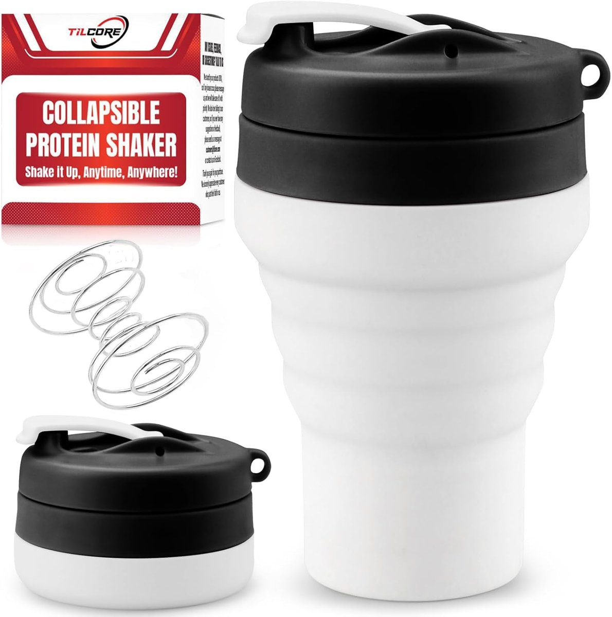 Tilcore Protein Shaker Flasche Zusammenklappbar – Lebensmittelecht, auslaufsicherer Deckel, 600 ml / 20 oz – Wiederverwendbare Silikon-Shaker-Becher für Proteinshakes für Fitnessstudio und Reisen