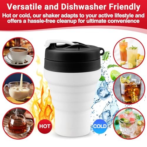Tilcore Protein Shaker Flasche Zusammenklappbar – Lebensmittelecht, auslaufsicherer Deckel, 600 ml / 20 oz – Wiederverwendbare Silikon-Shaker-Becher für Proteinshakes für Fitnessstudio und Reisen