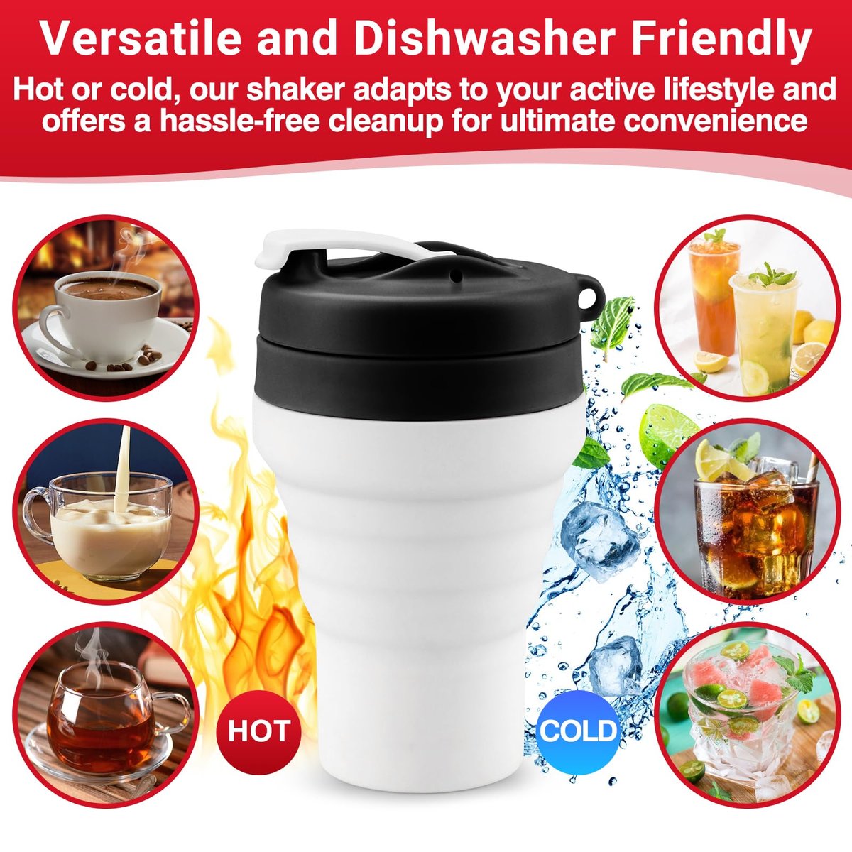 Tilcore Protein Shaker Flasche Zusammenklappbar – Lebensmittelecht, auslaufsicherer Deckel, 600 ml / 20 oz – Wiederverwendbare Silikon-Shaker-Becher für Proteinshakes für Fitnessstudio und Reisen