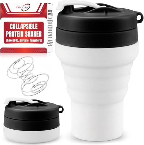 Tilcore Protein Shaker Flasche Zusammenklappbar – Lebensmittelecht, auslaufsicherer Deckel, 600 ml / 20 oz – Wiederverwendbare Silikon-Shaker-Becher für Proteinshakes für Fitnessstudio und Reisen