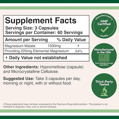Magnesium Malat Kapseln (180 Stück) - 1.500 mg pro Portion (Magnesium gebunden an Äpfelsäure), drittgetestet, vegan, glutenfrei von Double Wood Supplements