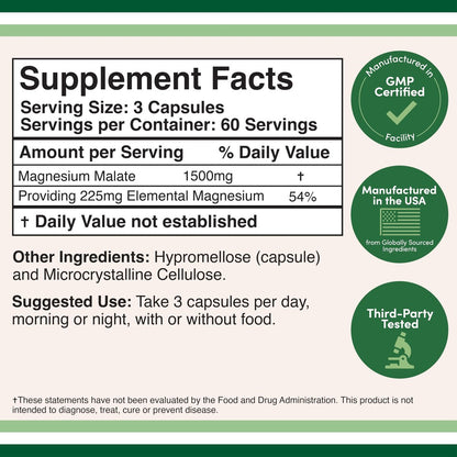 Magnesium Malat Kapseln (180 Stück) - 1.500 mg pro Portion (Magnesium gebunden an Äpfelsäure), drittgetestet, vegan, glutenfrei von Double Wood Supplements