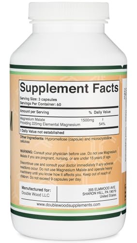 Magnesium Malat Kapseln (180 Stück) - 1.500 mg pro Portion (Magnesium gebunden an Äpfelsäure), drittgetestet, vegan, glutenfrei von Double Wood Supplements