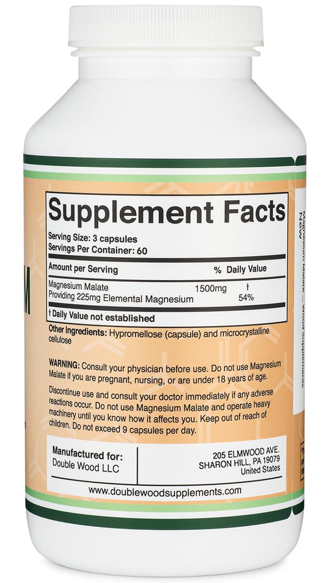 Magnesium Malat Kapseln (180 Stück) - 1.500 mg pro Portion (Magnesium gebunden an Äpfelsäure), drittgetestet, vegan, glutenfrei von Double Wood Supplements