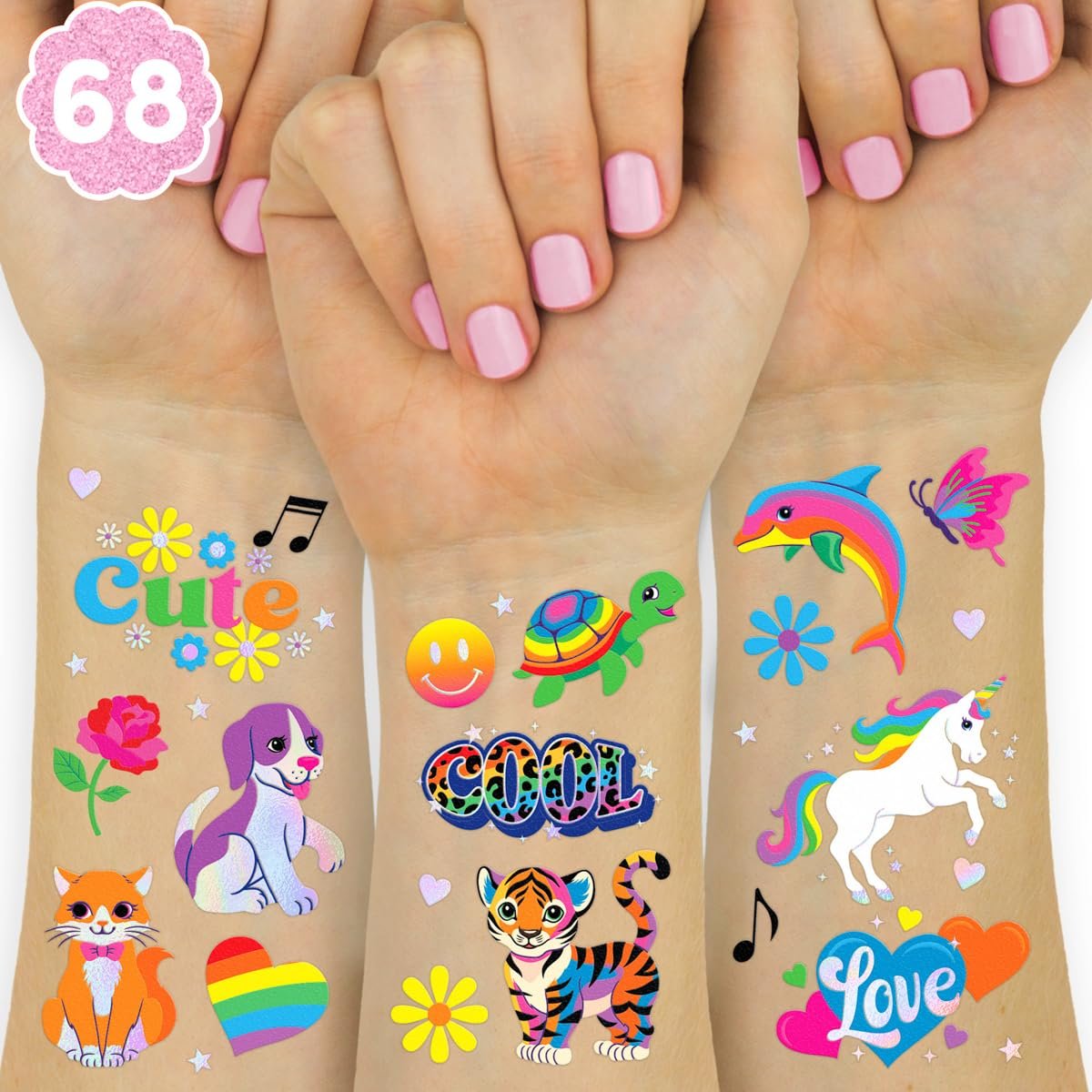 xo, Fetti Neon Regenbogen Tiere Temporäre Tattoos – 68 Irideszierende Folien-Stücke | Nostalgische Geburtstagsaccessoires, Junggesellinnenparty-Gunst, Kinderaktivität