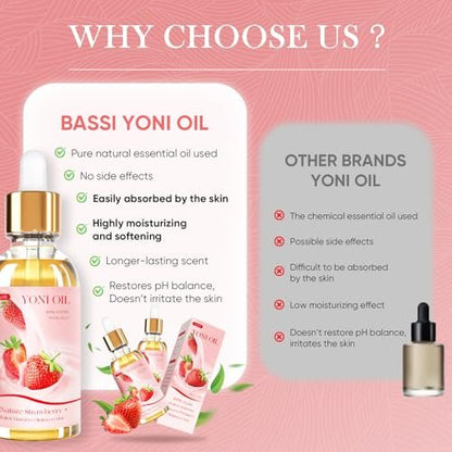 BASSI Yoni Öl für Frauen – 2er-Pack Erdbeer Frische Intimpflege Öl – Allnatürliches Vaginalöl, Reduziert Geruch, Stellt pH-Gleichgewicht und Feuchtigkeit wieder her, 30 ml pro Flasche