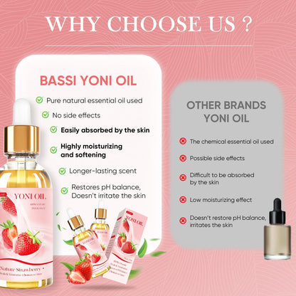BASSI Yoni Öl für Frauen – 2er-Pack Erdbeer Frische Intimpflege Öl – Allnatürliches Vaginalöl, Reduziert Geruch, Stellt pH-Gleichgewicht und Feuchtigkeit wieder her, 30 ml pro Flasche