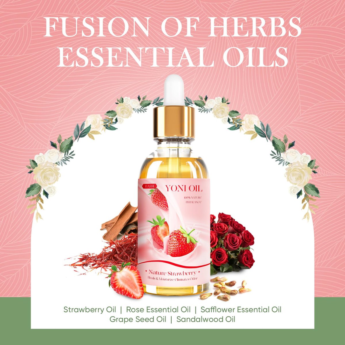 BASSI Yoni Öl für Frauen – 2er-Pack Erdbeer Frische Intimpflege Öl – Allnatürliches Vaginalöl, Reduziert Geruch, Stellt pH-Gleichgewicht und Feuchtigkeit wieder her, 30 ml pro Flasche