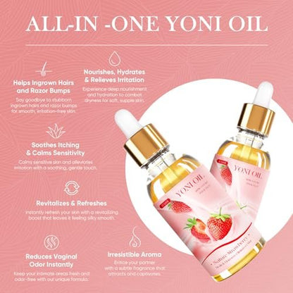 BASSI Yoni Öl für Frauen – 2er-Pack Erdbeer Frische Intimpflege Öl – Allnatürliches Vaginalöl, Reduziert Geruch, Stellt pH-Gleichgewicht und Feuchtigkeit wieder her, 30 ml pro Flasche