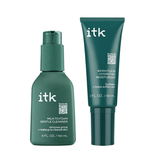 ITK Skincare Reinigungs- + Feuchtigkeitspflege-Set – Milch-zu-Schaum-Gesichtsreiniger + Leichte Feuchtigkeitscreme für geschmeidige und genährte Haut – Entfernt Make-up + spendet Feuchtigkeit – Hautpflege-Geschenkset