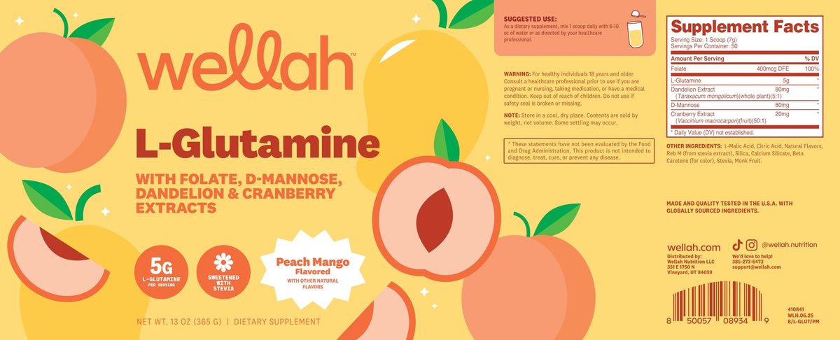 Wellah L-Glutamine Pfirsich Mango (50 Portionen) - 5 g L-Glutamin pro Portion, mit Stevia gesüßt