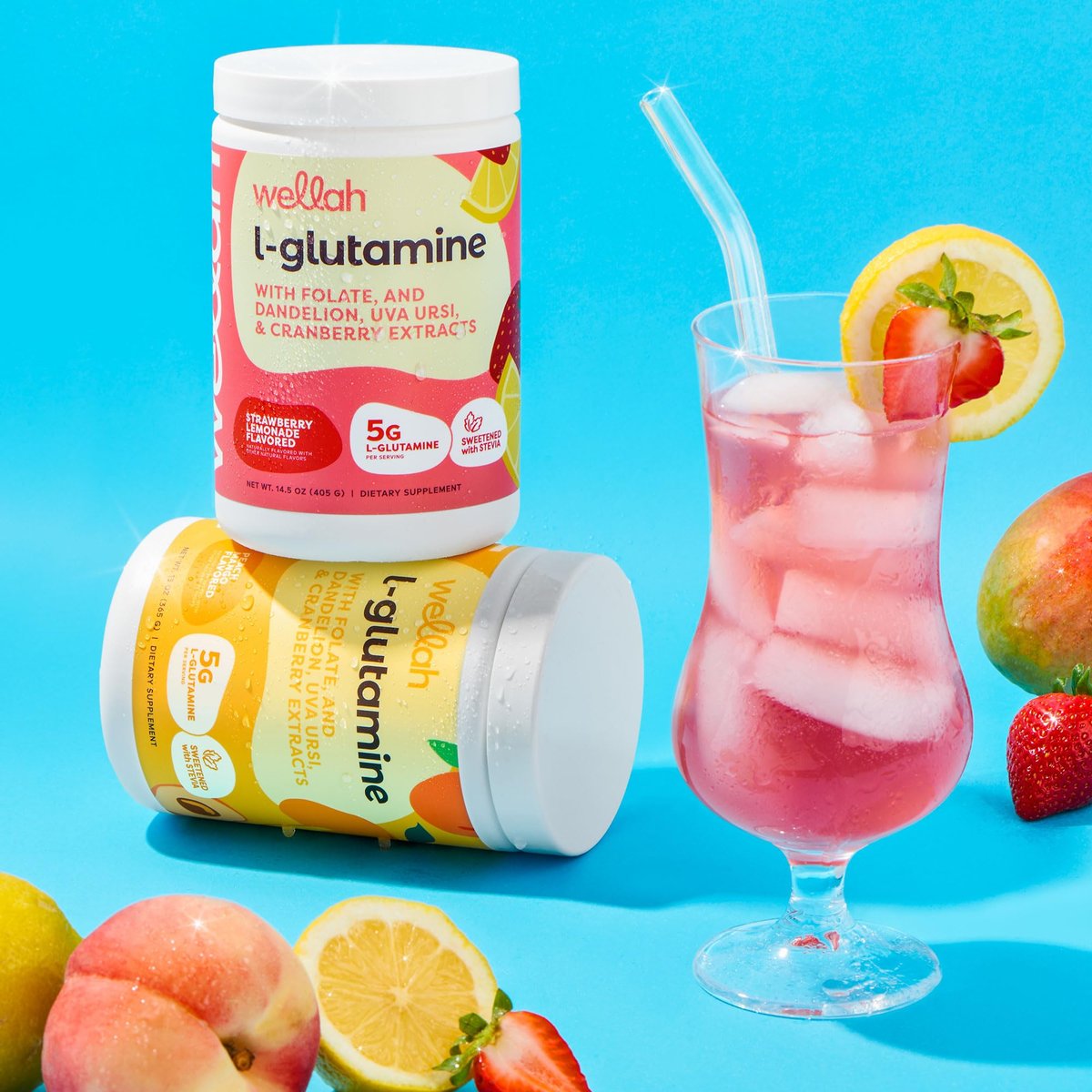 Wellah L-Glutamine Pfirsich Mango (50 Portionen) - 5 g L-Glutamin pro Portion, mit Stevia gesüßt