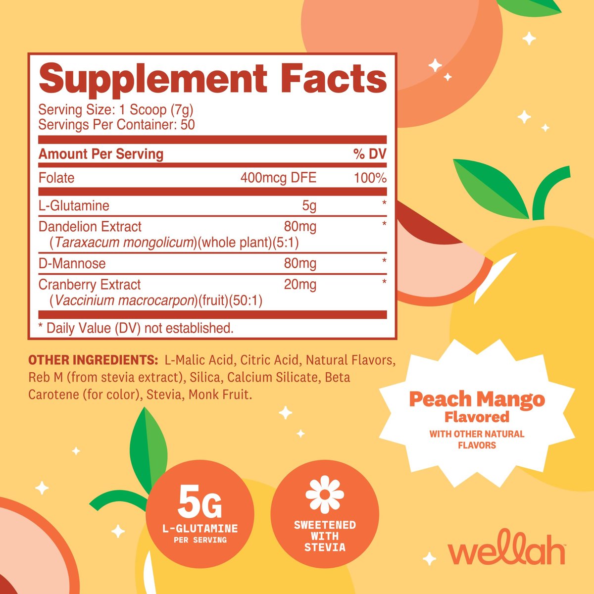 Wellah L-Glutamine Pfirsich Mango (50 Portionen) - 5 g L-Glutamin pro Portion, mit Stevia gesüßt