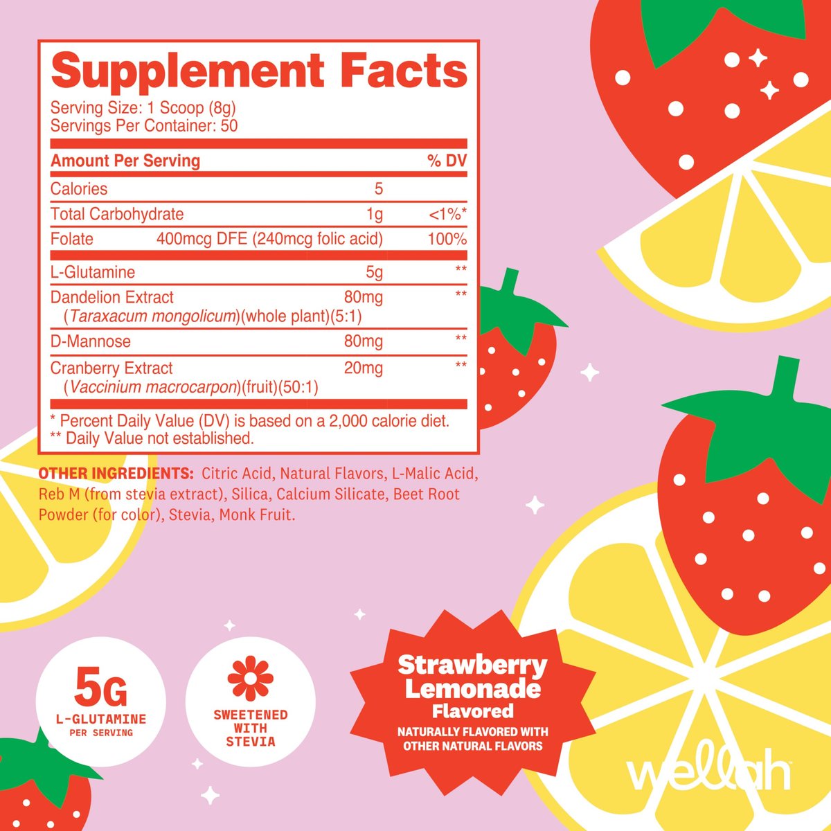 Wellah L-Glutamin Erdbeer-Limonade Geschmack (50 Portionen) - 5 g L-Glutamin pro Portion, mit Stevia gesüßt