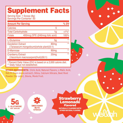 Wellah L-Glutamin Erdbeer-Limonade Geschmack (50 Portionen) - 5 g L-Glutamin pro Portion, mit Stevia gesüßt