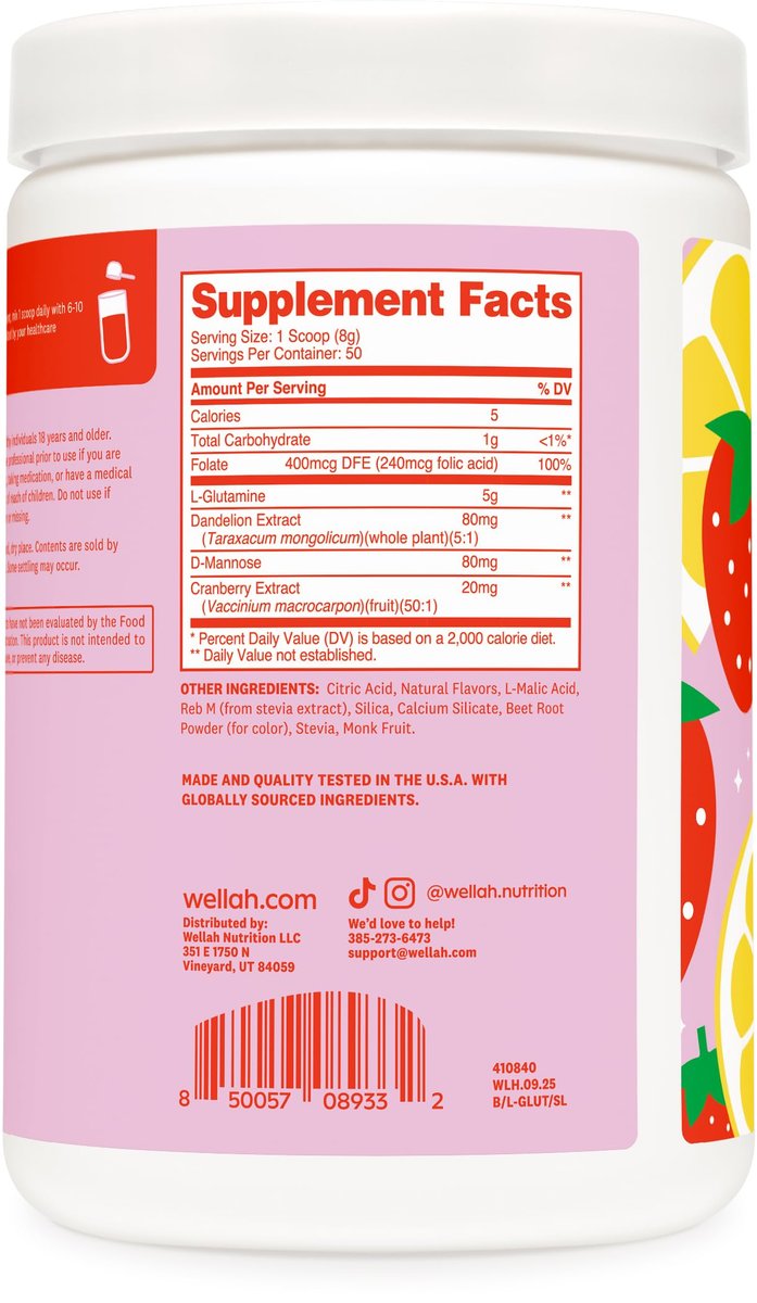 Wellah L-Glutamin Erdbeer-Limonade Geschmack (50 Portionen) - 5 g L-Glutamin pro Portion, mit Stevia gesüßt